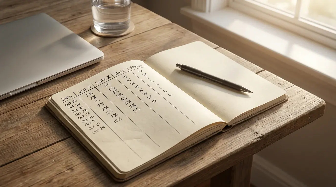 Notebook with a structured staking plan and unit-based bankroll management notes for golf betting