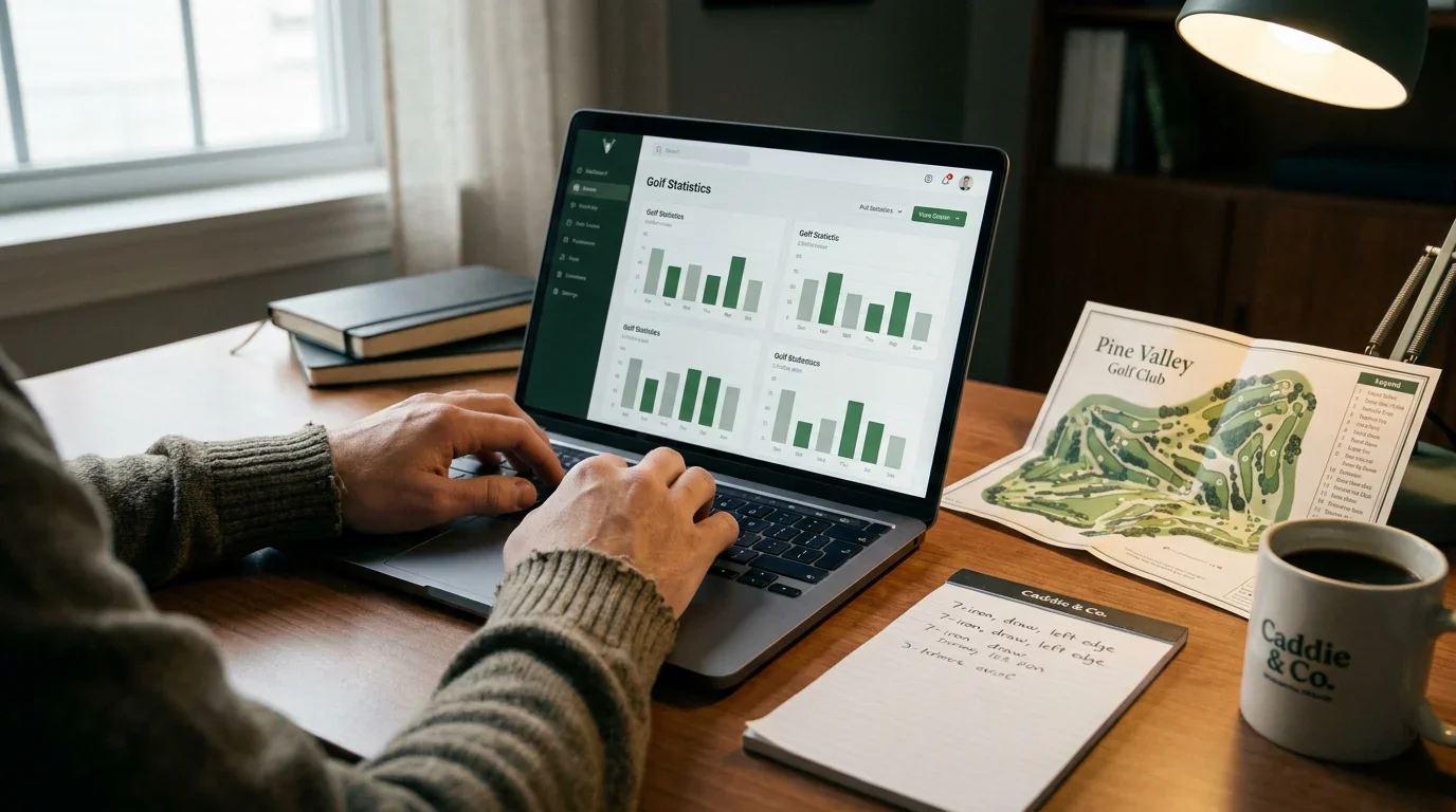 Golf analyst reviewing strokes gained statistics on a laptop beside a course map