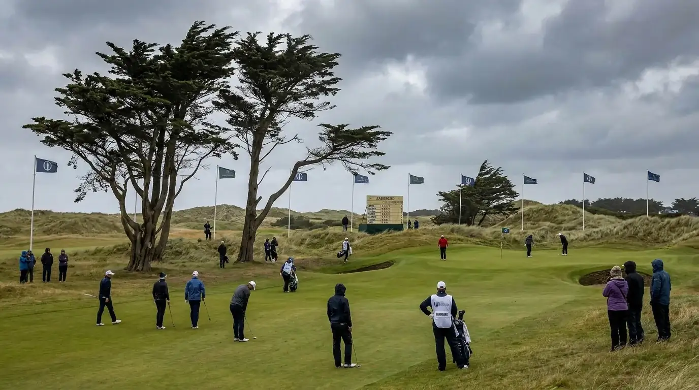 Strong wind bending trees and flags on a links golf course during tournament play
