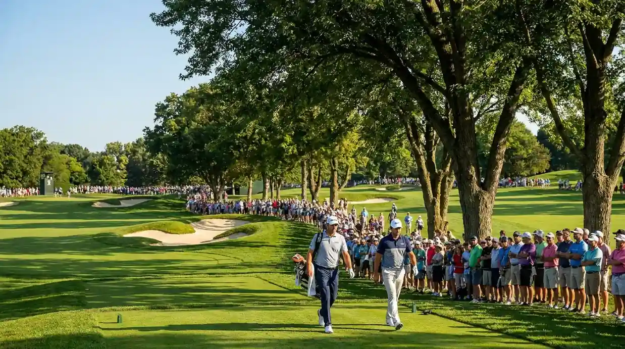 Sunday leaders walking to the first tee in the final pairing with large galleries