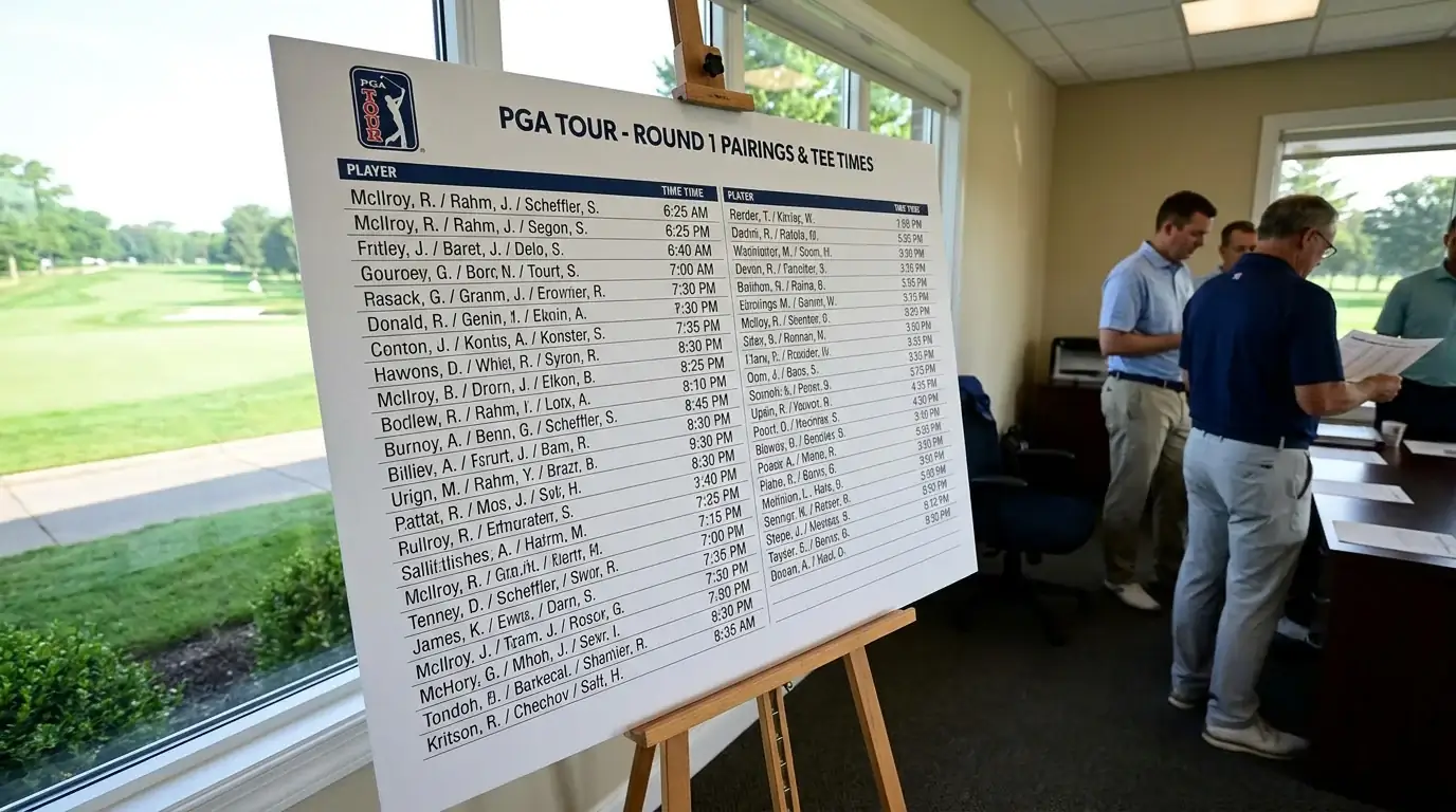 Official tee-time draw sheet showing player pairings for a PGA Tour round