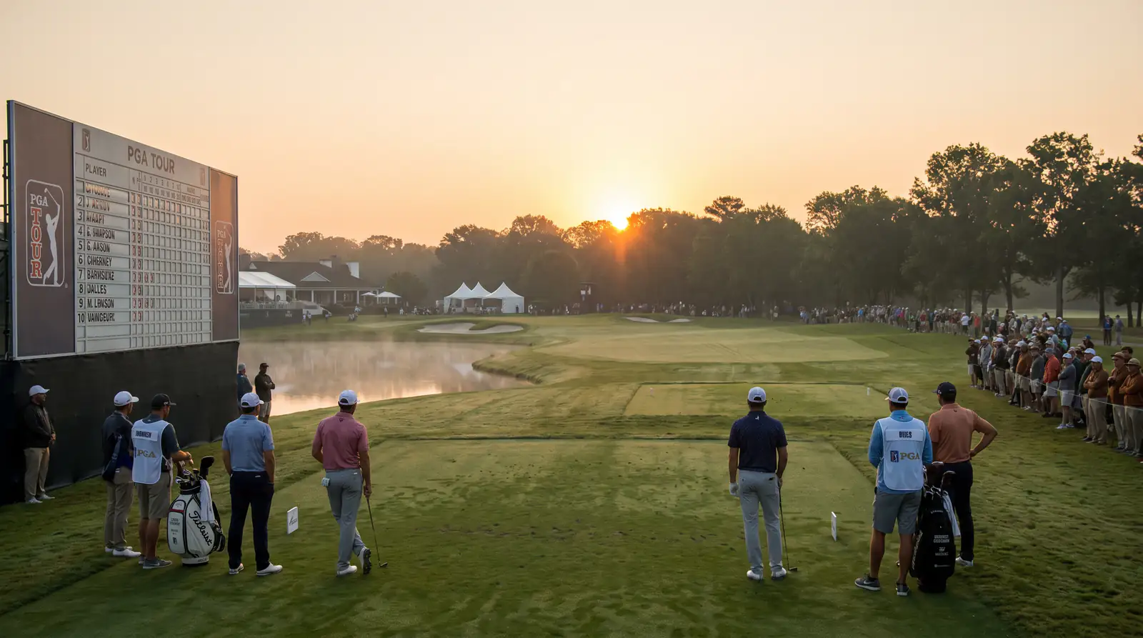 Morning tee time at a professional golf event with dawn light and calm conditions