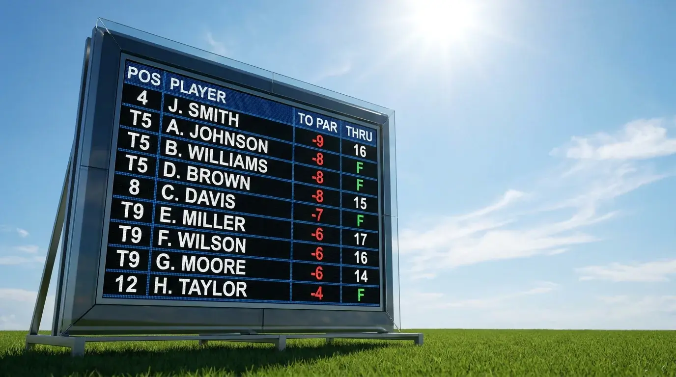 Tournament leaderboard displaying players clustered around the top-five and top-ten finishing positions