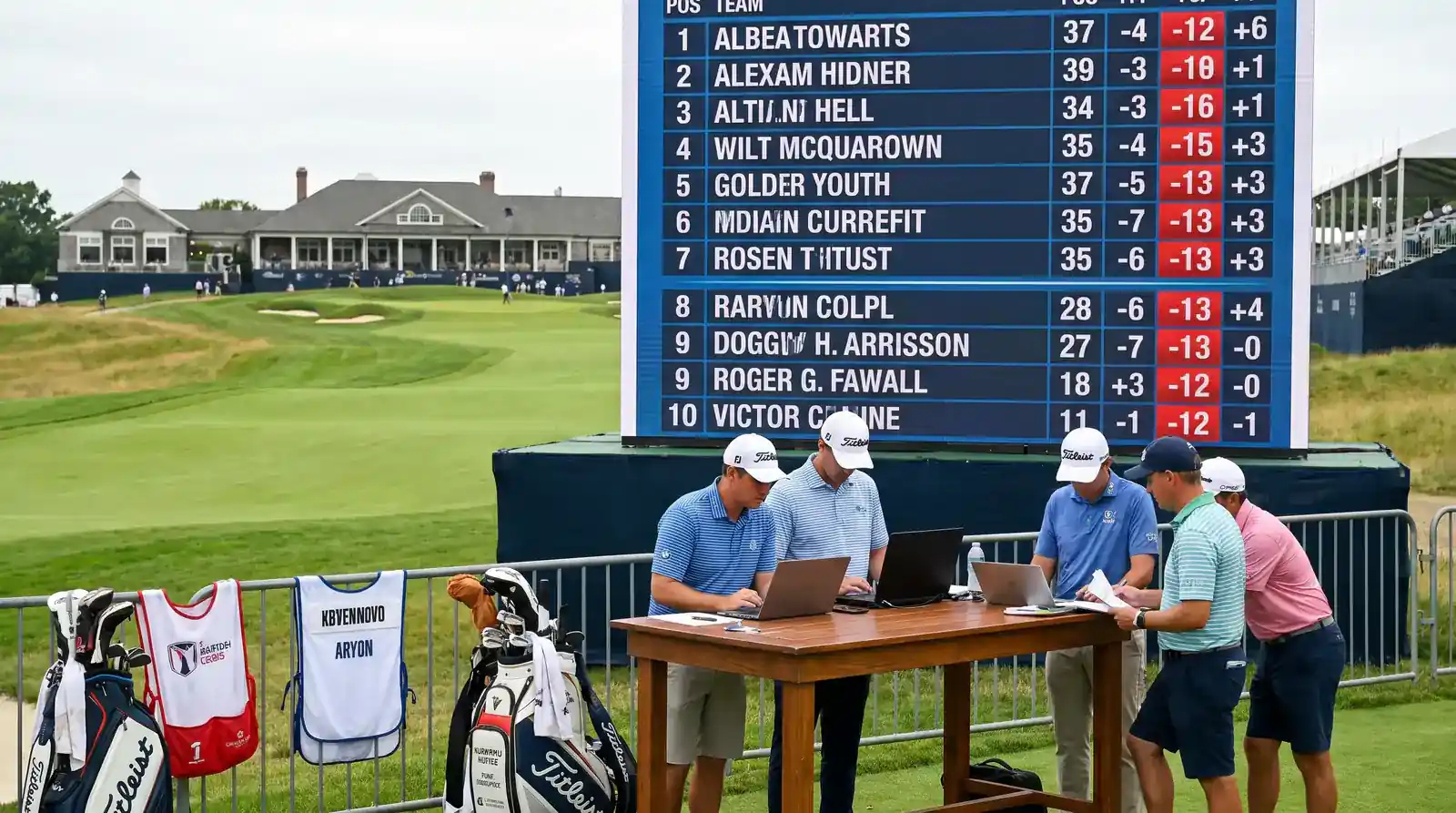 Golf leaderboard showing players clustered around the top-10 finishing position