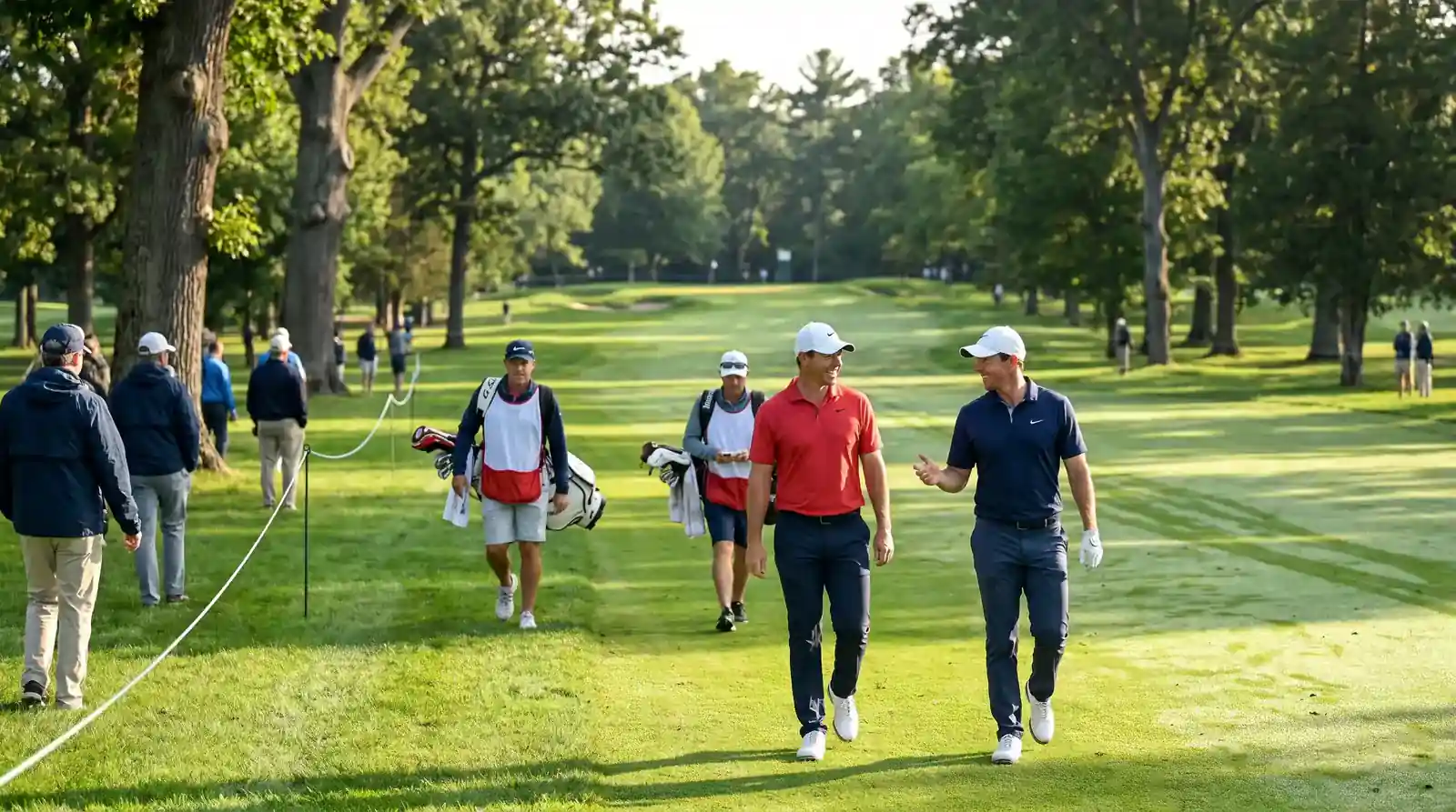 Two golfers walking together in a tee-time pairing during a head-to-head two-ball market