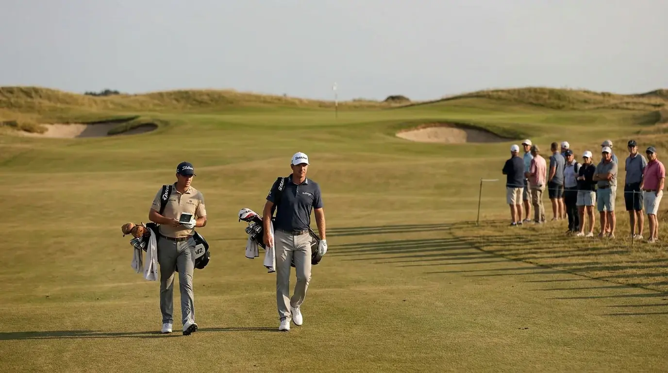 Two golfers walking side by side on a fairway during a competitive round