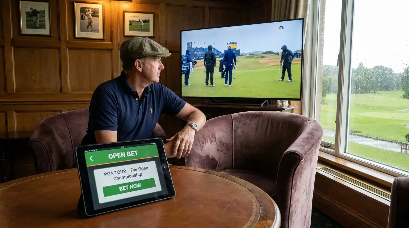 Golf fan in the UK watching a PGA Tour broadcast on a screen with betting app nearby