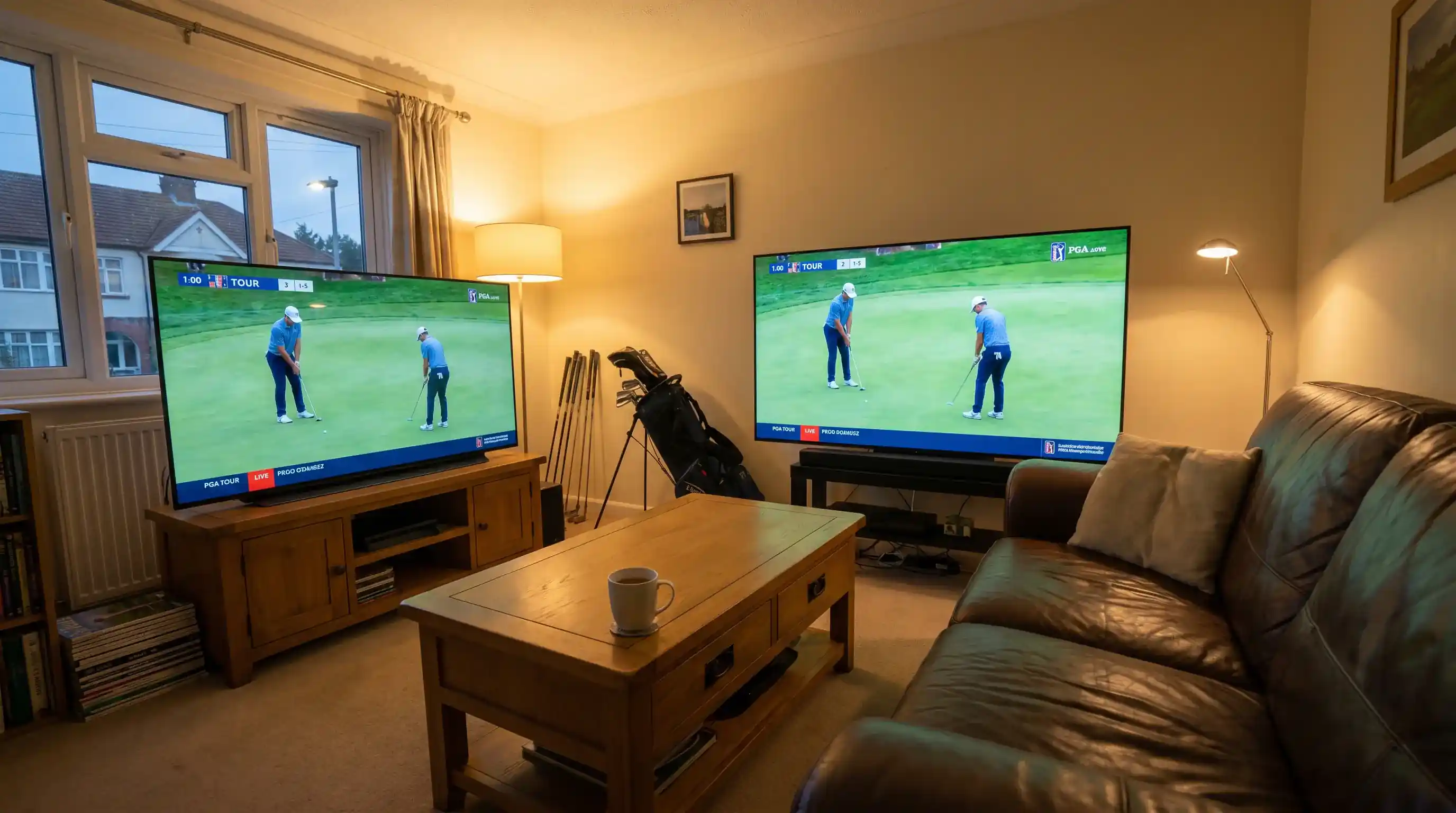 Living room scene in the UK evening with PGA Tour coverage on television