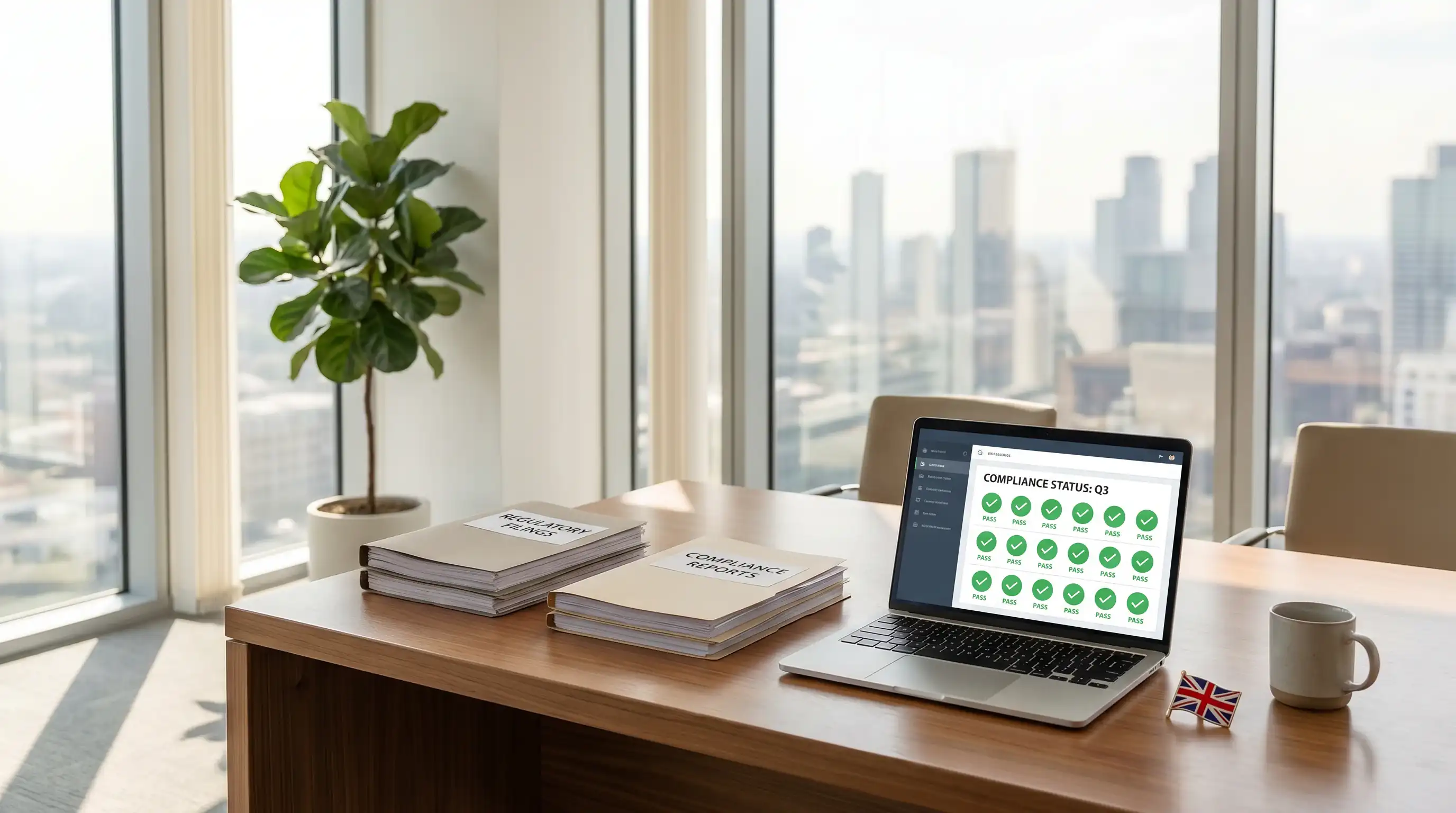Professional office setting with regulatory documents and a laptop showing gambling compliance data