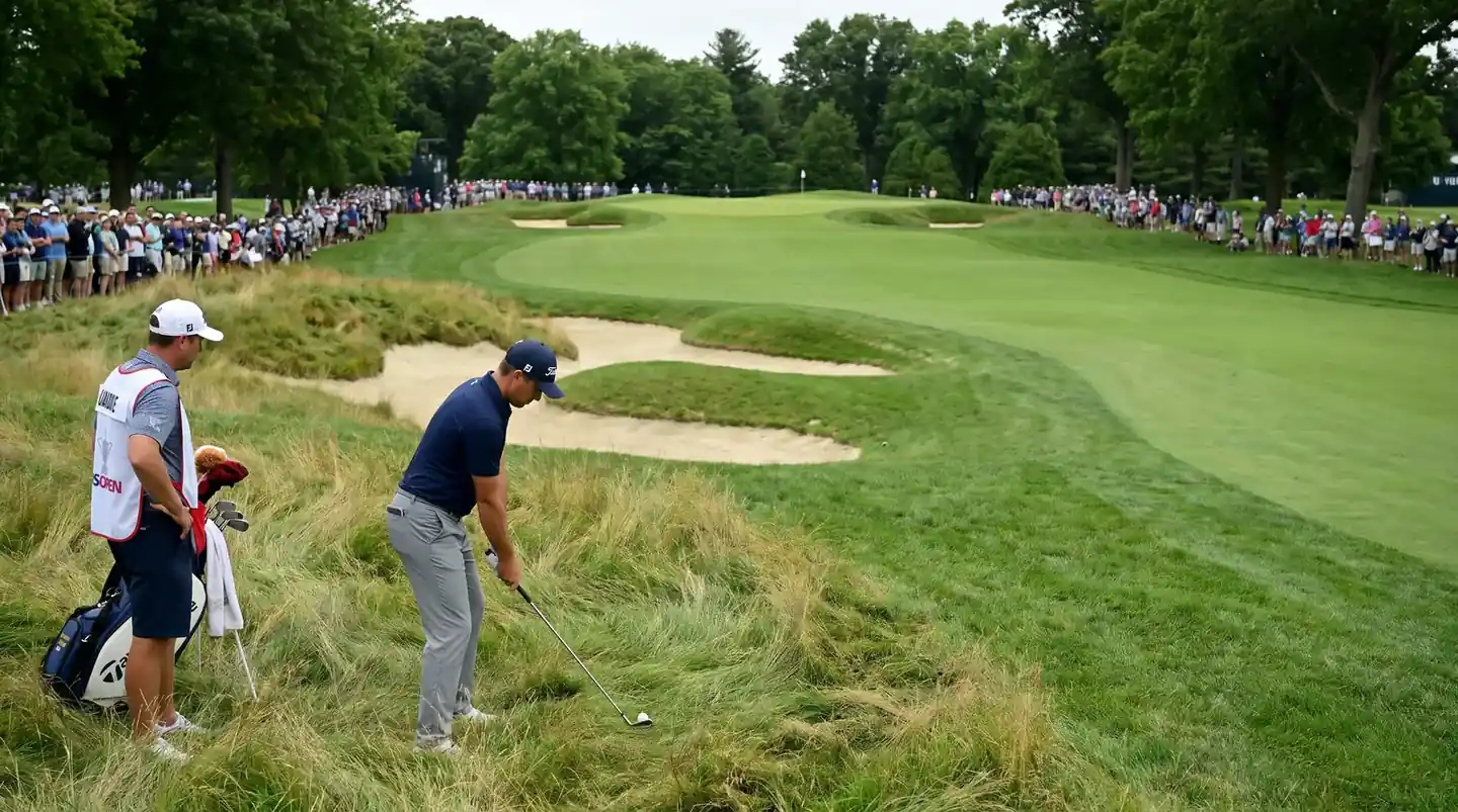 Narrow US Open fairway with deep rough and a player navigating a demanding approach shot