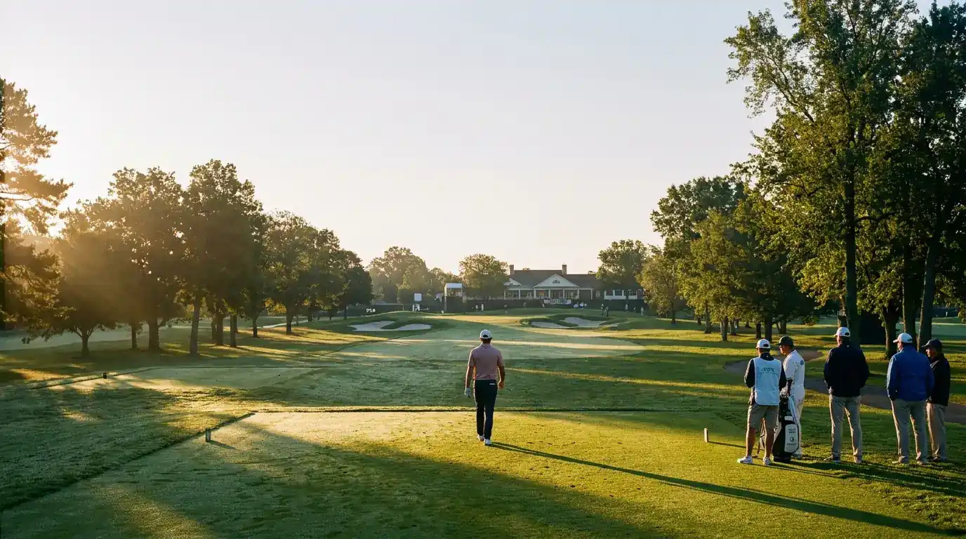 Early morning tee time at a professional golf tournament with calm conditions and low sun