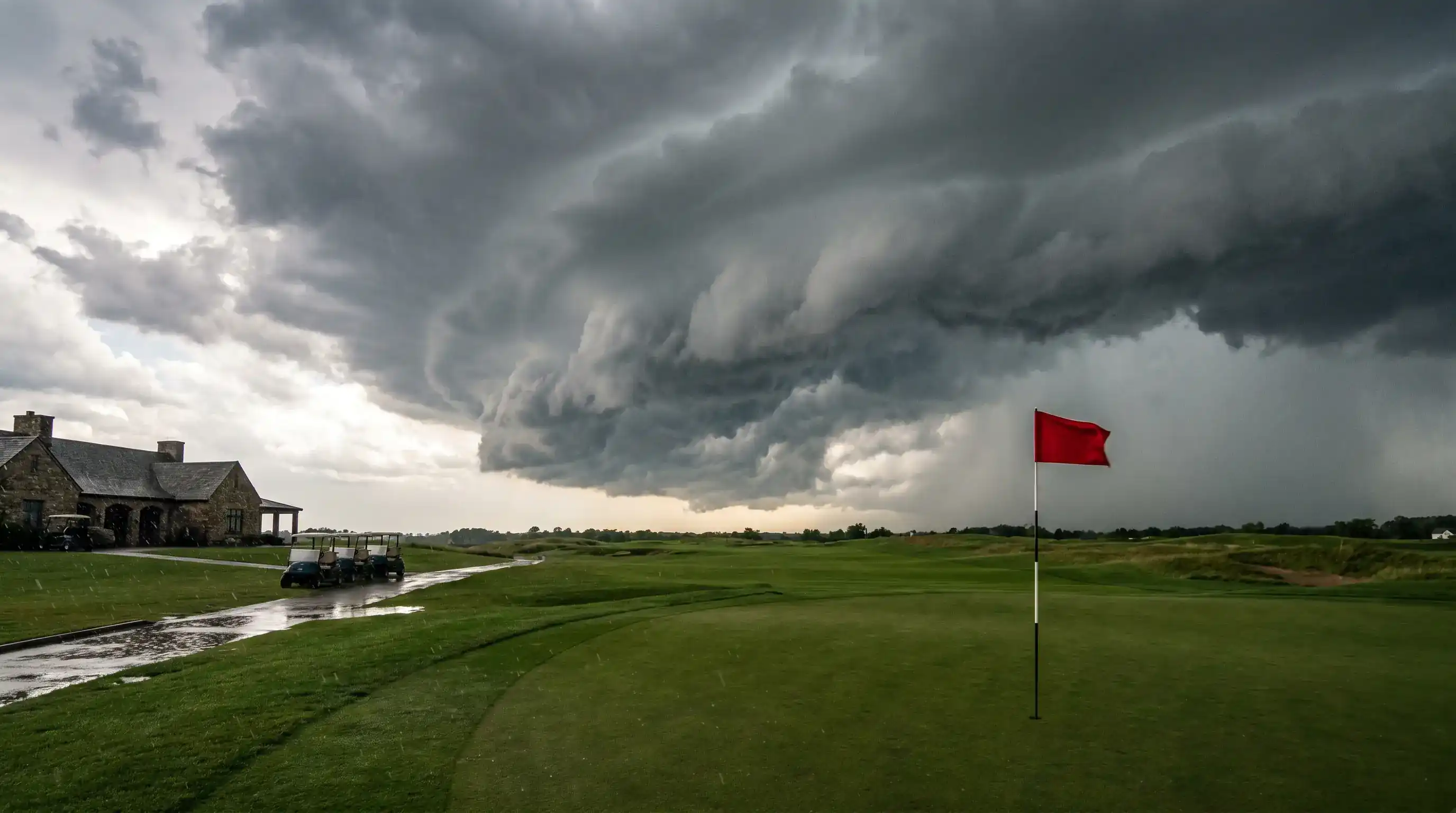 Golf tournament suspended during a weather delay with players sheltering near the clubhouse