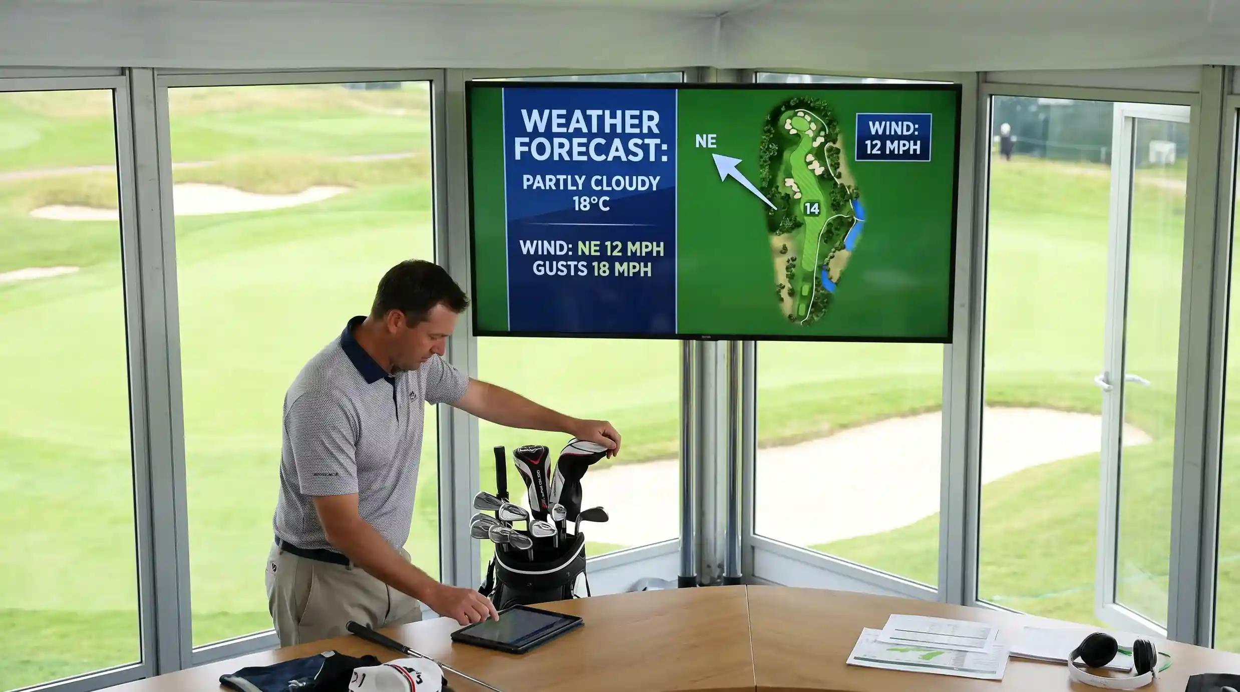 Weather forecast displayed alongside a golf course map showing wind direction and speed