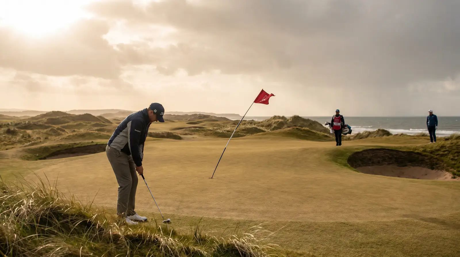 Flag bending in strong wind on a links hole with exposed terrain and firm turf